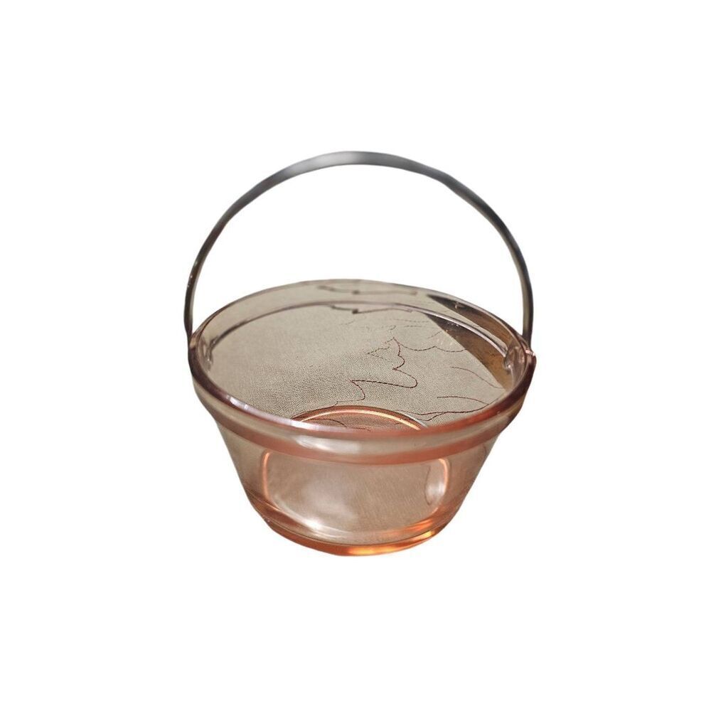 Pink Depression Optic Glass Candy Dish Ice Bucket Chrome Handle Vintage Rare